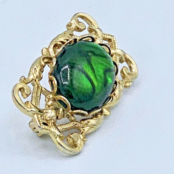 Vintage Paua Shell Brooch Green Lucite Art Deco Scroll Frame Estate Jewelry Pin - Picture 5 of 9